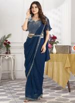 Shimmer Georgette Blue Party Wear Embroidery Work Ready To Wear Saree